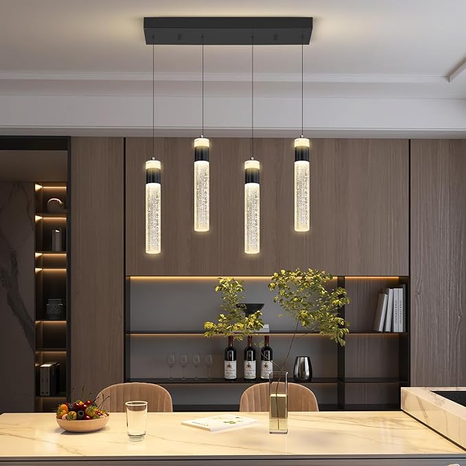 Dimmable 4-Light Pendant Lights Kitchen Island Modern LED Crystal Ceiling Light for Dinning Room Living Room 32W Black