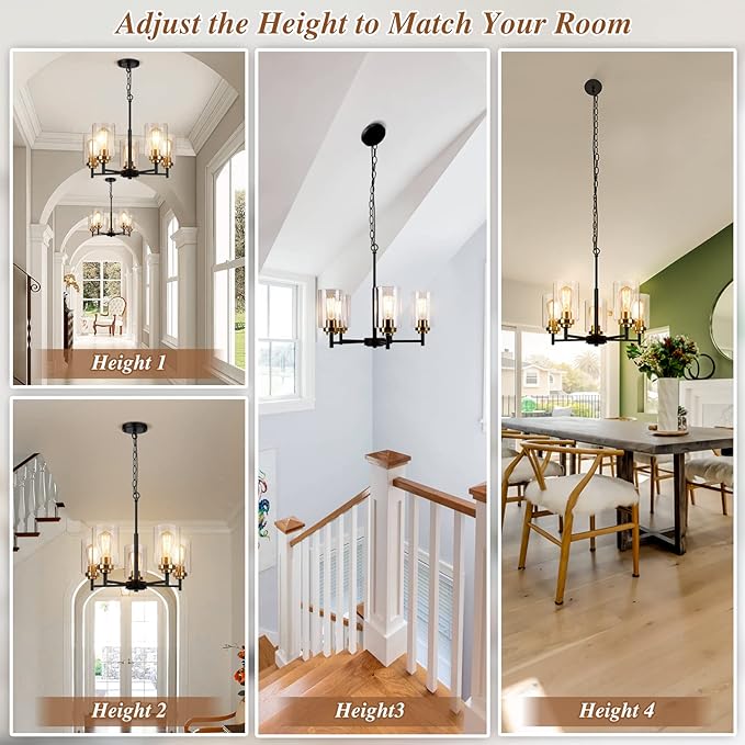 Sucolite 19.8'' 5-Light Chandelier for Dining Room Kitchen Island, Modern Farmhouse Pendant Lighting with Glass Shades Industrial Black Hanging Ceiling Light Fixture for Living Room, Height Adjustable