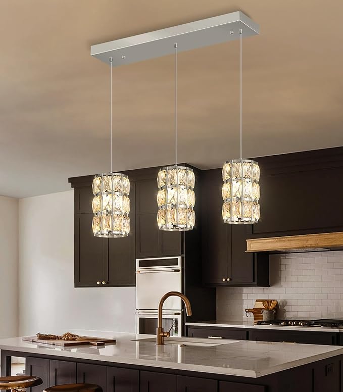 3-Lights Rectangle Modern Crystal Pendant Lights for Kitchen Island LED Dimmable Glam Pendant Lighting Chandelier for Dining Room Hallway Corner Lamp Nickel