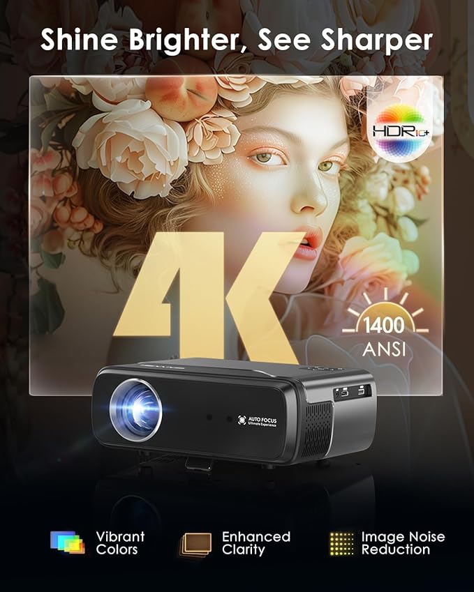 4K Home Theater Projector HDMI 2.1, eARC, Android TV 14.0, Portable Smart Bedroom Movie Gaming Projector 4K HDR, with WiFi 6, Bluetooth, Dolby Audio, Voice Control, Apps, Auto Focus, ZOOM, 1400ANSI