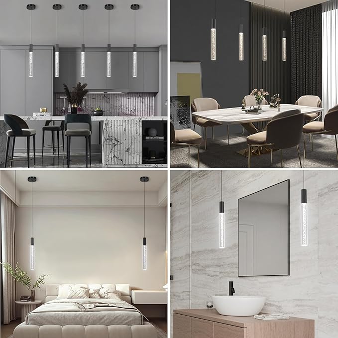 Modern Black Acrylic Pendant Light Fixture, 1-Light 3-Color LED Pendant Lighting Cord Adjustable Ceiling Hanging Lights for Kitchen Island Living Room Bedroom Dining Room (3 Pack)