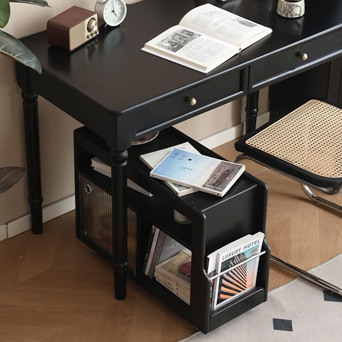 Solid Wood Side Table with Wheels, Narrow Side Table with Storage, Rolling Bedside Table for Bedroom Living Room Dining Room(Black, 27.95" D x 11.42" W x 19.88" H)