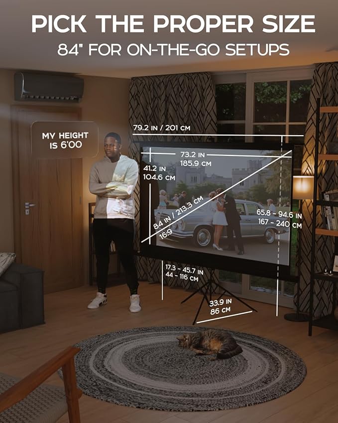 PropVue Projector Screen with Stand 84" - Indoor & Outdoor Projection Screen for Movie or Office Presentation - 16:9 HD Premium Wrinkle-Free Tripod Screen for Projector with Carry Bag & Tight Strap