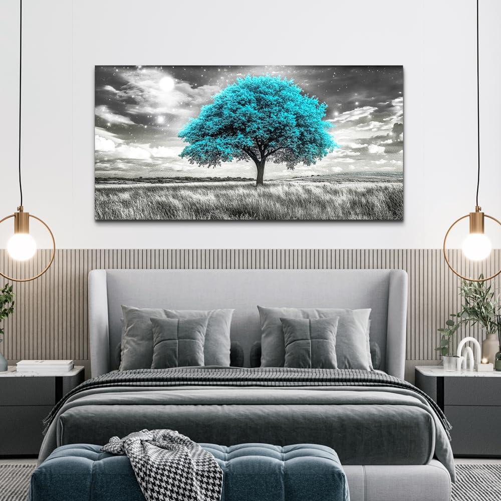 KELIYUAN Large Canvas Wall Art For Living Room Wall Decor For Bedroom Corridor Blue Tree Natural Scenery Full Of Stars Black And White Modern Printing Dining Room Kitchen Home Decoration 30 "X 60"