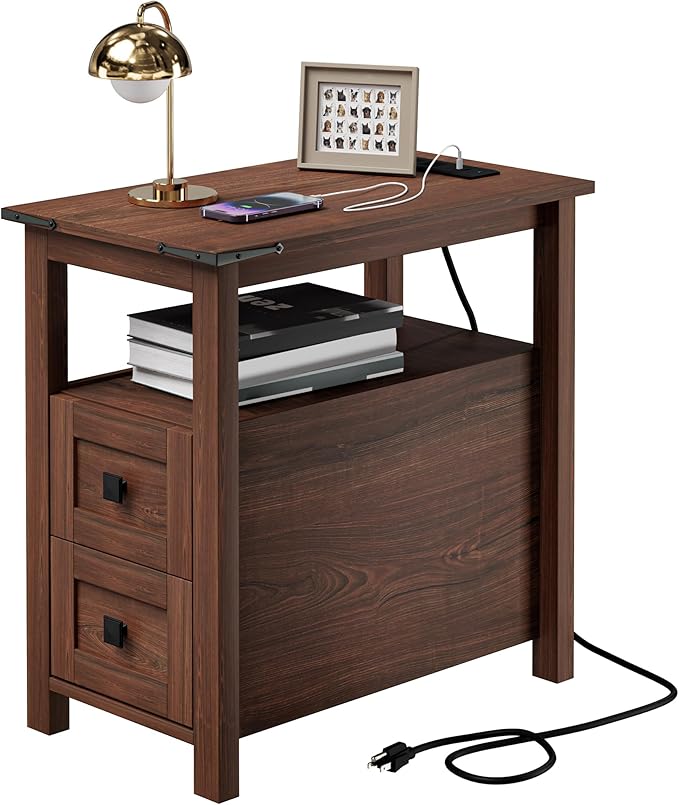Farmhouse End Table with Charging Station and 2 Storage Drawers, Cherry Wood Nightstand Narrow, Skinny Side Table Rustic, Slim Bedside Table, Open Shelf, Small for Bedroom, Living Room, Sofa