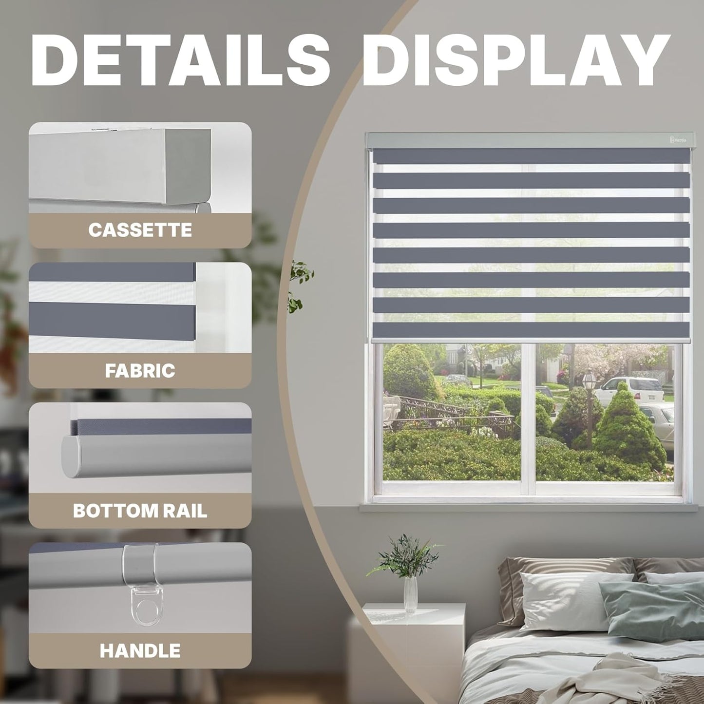 HESTIA Cordless Zebra Blinds Light Filtering Roller Shades UV Blocking Blackout Privacy Indoor Window Blind for Home Office Day and Night, Blue Grey,35" W x 48" H