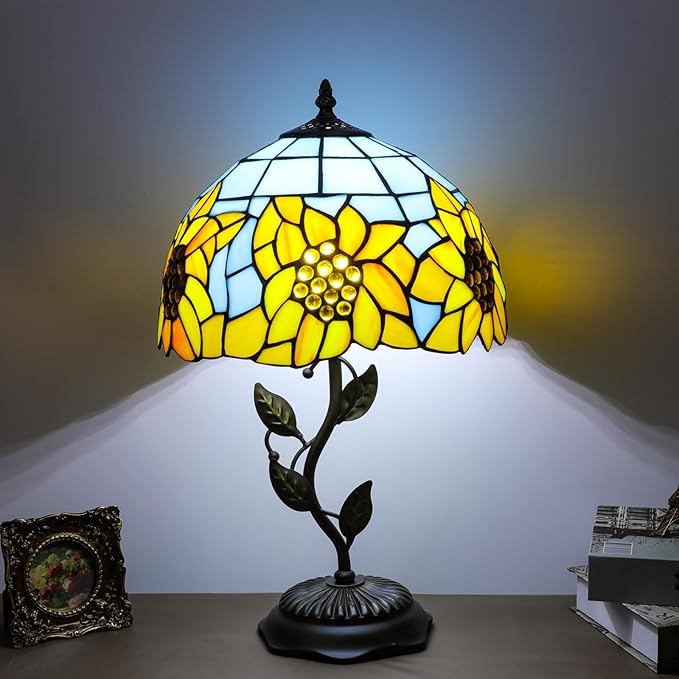 Stained Glass Table Lamp, Sunflower Style Lampshade Metal Leaf Base Desk Reading Light 12X12X19 Inches Decor for Bedroom Living Room Office