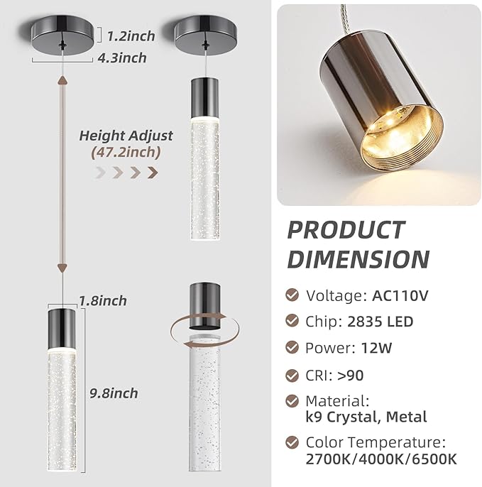 Pendant Lights Kitchen Island, 2700-6000K Modern Kitchen Island Lights,Black Dimmable Hanging Light Fixtures with Crystal Bubble, 12W LED Hanging Light for Dining Room, (3Pack)