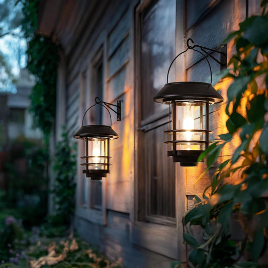 Otdair Solar Lanterns Outdoor Waterproof 2 Pack, Auto On/Off Hanging Solar Lights for Outside with Wall Mount, Glass Outdoor Lighting Outdoor Decorative for Wall, Front Porch, Yard, Garden, Fence