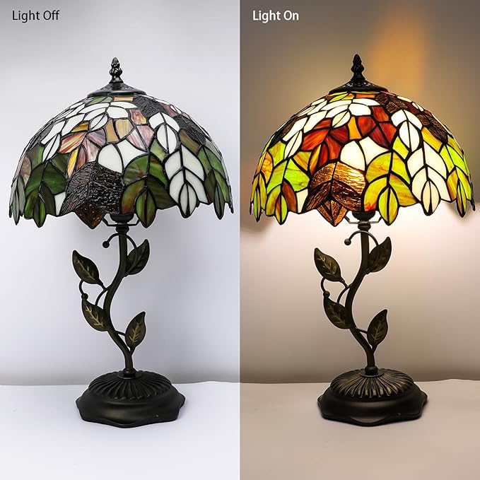 Stained Glass Table Lamp, Maple Leaf Style Metal Leaf Base Desk Reading Light 12X12X19 Inches Decor for Bedroom Living Room Office