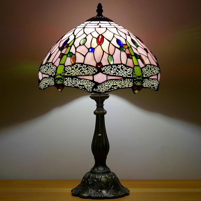 Tiffany Lamp Stained Glass Table Lamp Antique Bedside Reading Light W12H19 Inches (Pink Dragonfly)