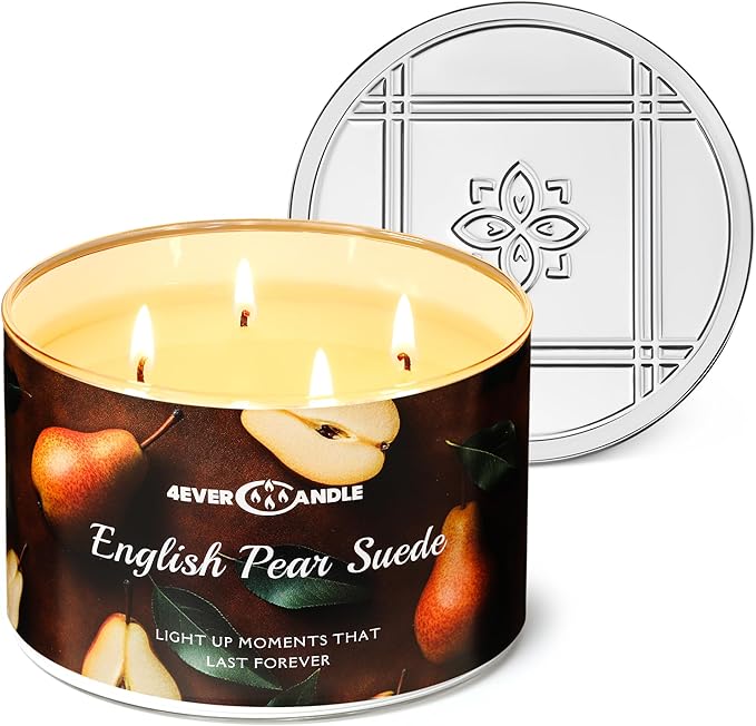 Over 50 Hours Jar Candle - 4-Wick Long-Lasting Scented Candles, 18oz Natural Soy Wax Candle for Home, Candle Gifts for Women & Men, English Pear Suede