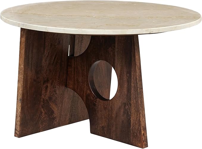 TUP THE URBAN PORT Kali Coffee Table | 27" Natural Round Marble Tabletop | Dark Brown Mango Wood Sculptural Base
