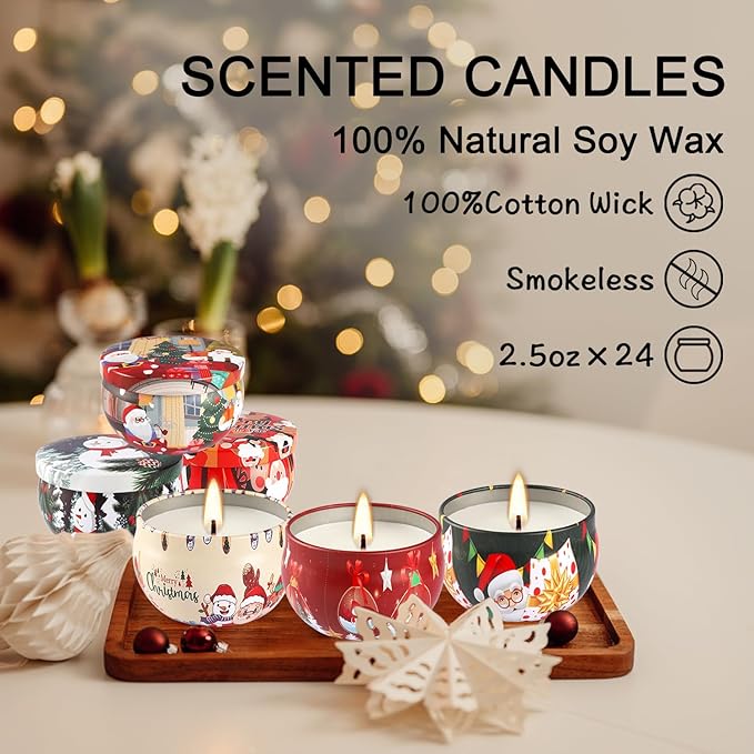 24Pack Christmas Scented Candle Tins Gift Set - Soy Wax Festive Aromatherapy Candles 2.5oz- Smokeless Long Lasting Burn time for Advent & Christmas Gifts Holiday Decor & Gifting.