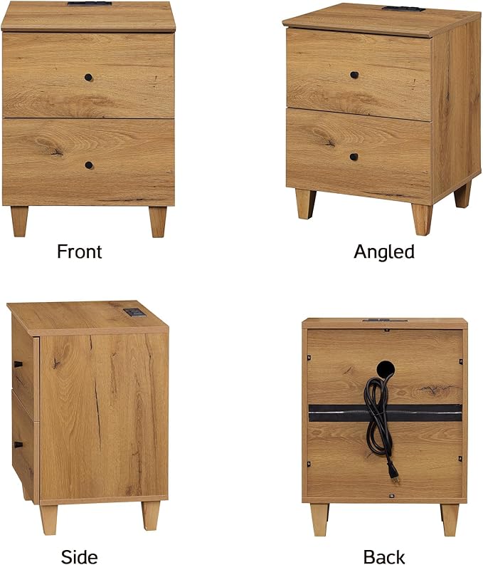 WAMPAT Nightstands with Charging Station & 2 Drawers for Bedroom, Modern End Tables Farmhouse Wood Bedside Table with 2 AC Outlets & USB Ports for Living Room, Oak Brown