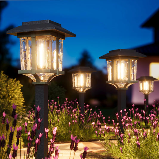 XMCOSY+ Solar Pathway Lights Outdoor, 2-Tone LED Waterproof Garden Outdoor Lighting for Yard Stainless Steel & Glass Solar Powered Landscape Walkway Driveway Decor (Warm White)
