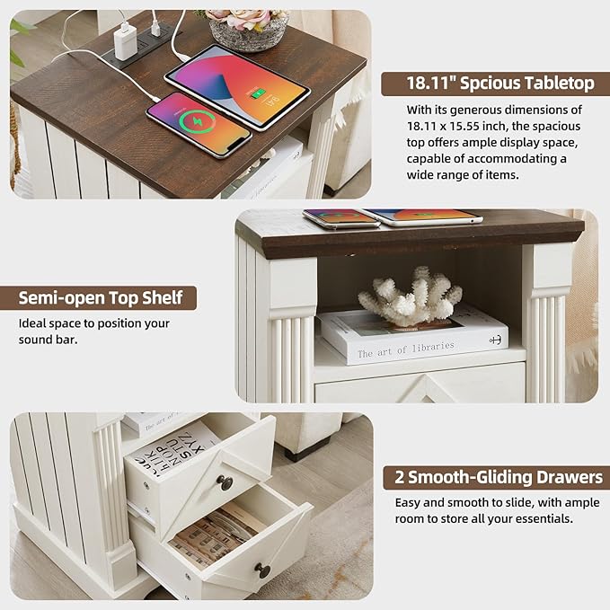Nightstand with Charging Station, Rustic 18 Inch Farmhouse End Table with Barn Door, Wood Sofa Side Table with 2 Storage Drawers for Living Room, Bedroom, Entryway (Antique White 2pcs)