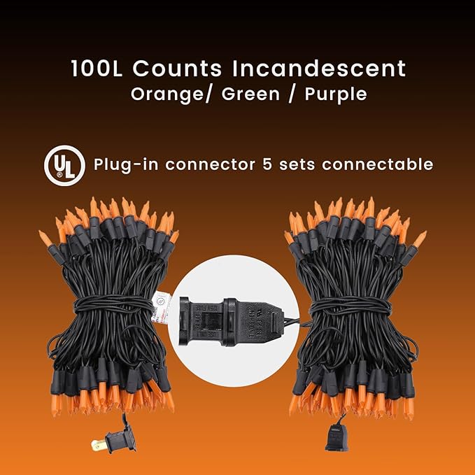 Orange Christmas Lights Mini String Lights– 100 Count Incandescent, 26.5ft Black Wire, UL Listed Connectable Pumpkin Lights for Porch, Patio, Fall Decor
