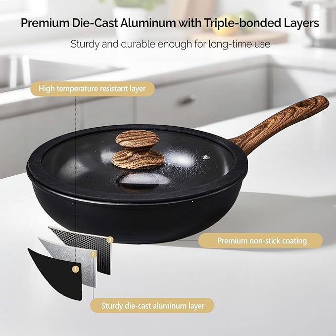 ROVSUN 20 Pcs Nonstick Pots and Pans Set, Cast Aluminum Kitchen Cookware Set, RV Kitchen Cooking Set and Utensils, PFAS PFOA & PFOS Free, Black, Skillet, Saute Pan, Soup Pot