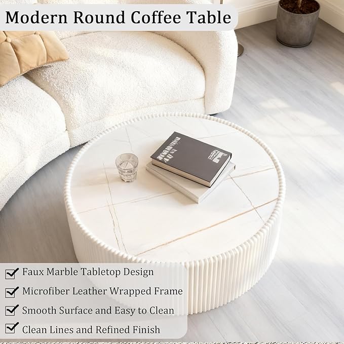 Round Living Room Table Set, 29.52" White Drum Center Table and 17.71" Black Coffee Table Set, 2 Pieces Coffee Table Set with Sintered Stone Tabletop, Fluted PU Leather Covered and StableBase