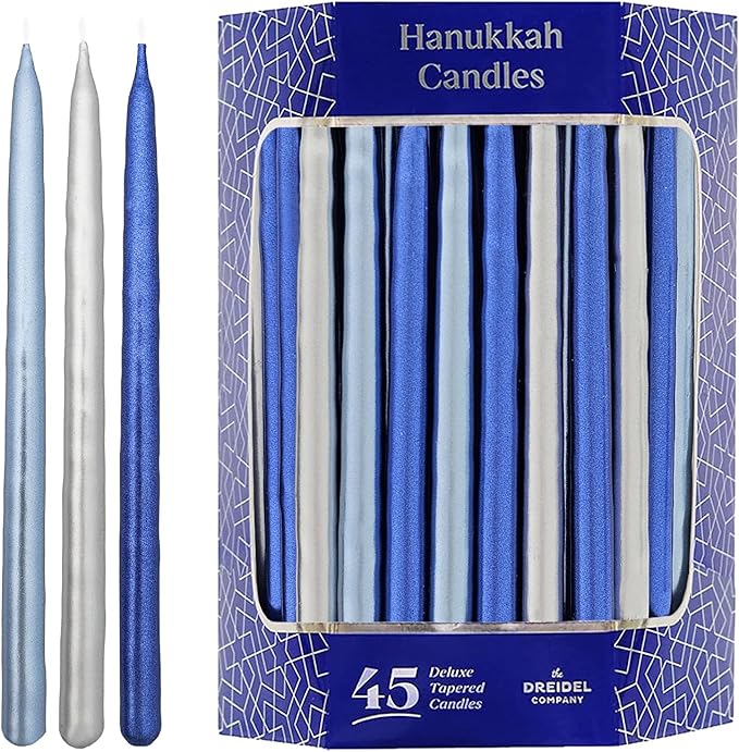 The Dreidel Company Metallic Multi Colored Blue & Silver Hanukkah Candles 1-Hour Burn Time Premium Tapered Hand Decorated Chanuka Candles, 45 Candles for All Eight Nights of Hanukkah