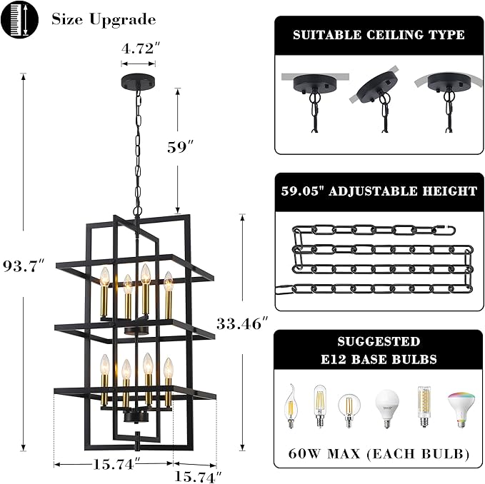 33.46" Large Black Chandelier for High Ceilings Tiered Pendant Light Fixtures Rectangular Farmhouse Chandelier for Foyer Entryway Staircase Living Room Kitchen Island 8 Lights