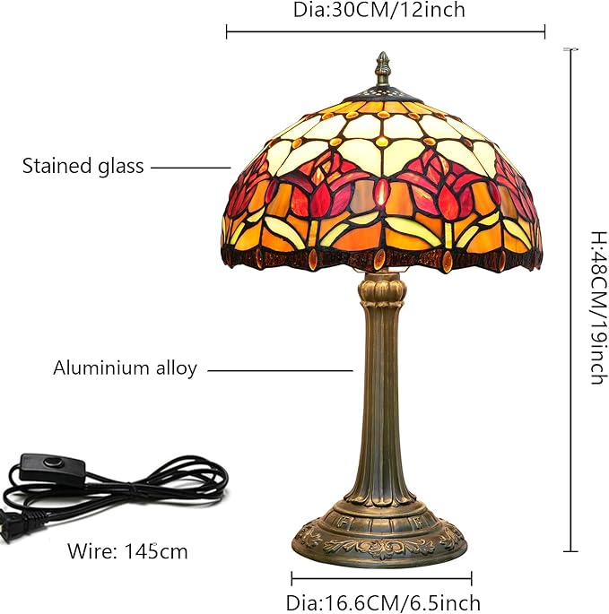 Red Tulip Tiffany Style Stained Glass Table Lamp Bed Room Bedside Reading Desk Light for Living Office Dormitory Bar Retro Unique Cute Accent Decor Cottage 12" Village Gift Nightstand Lamps