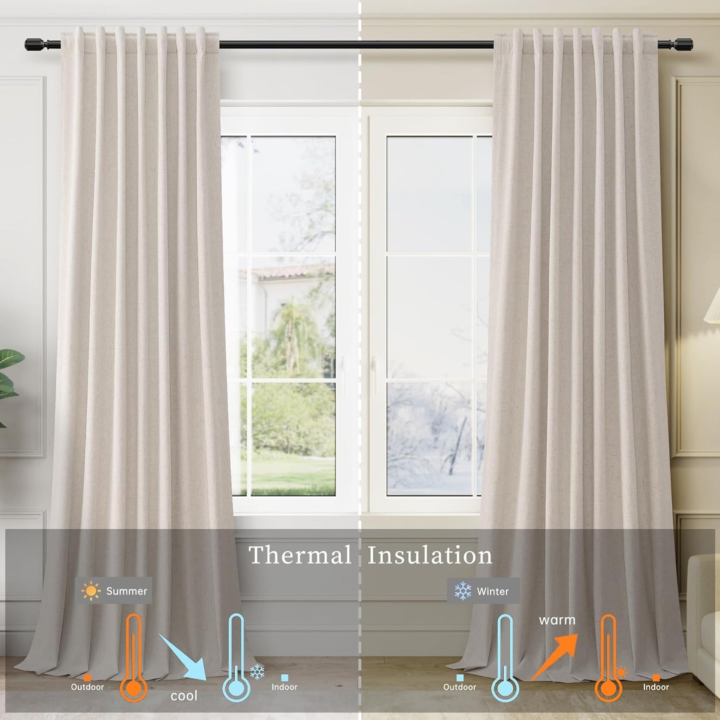 BOODII 100% Blackout Curtains for Bedroom 95 Inch Length 2 Panels Set Room Darkening Linen Curtains Sand Beige Black Out Curtain Neutral Thermal Insulated Living Room Nursery Drapes Back Tab 52x95