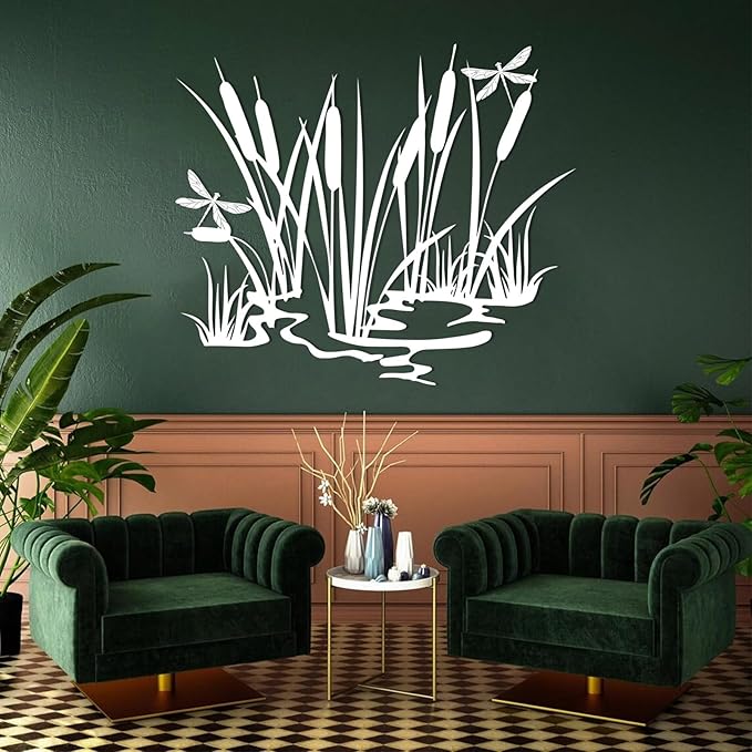 EANHIPE Metal Cattails & Dragonfly Wall Art, Cattails Metal Wall Art, Rustic Farmhouse Decor, Nature Themed Decor for Living Room, Bedroom, Bathroom, Housewarming Gift (Silver, 35"x30"/90x77cm)