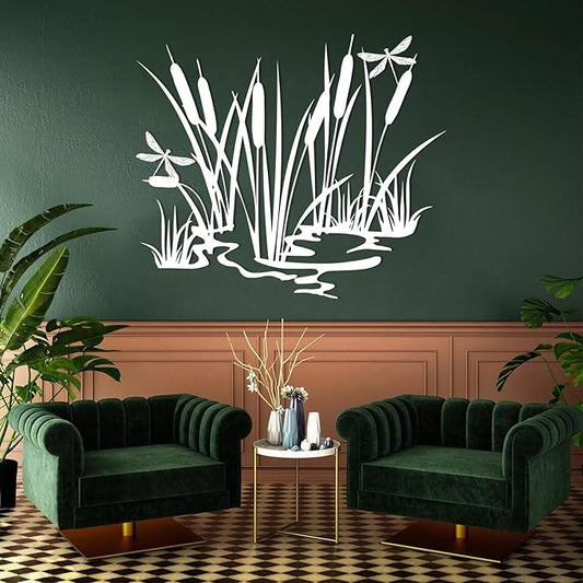 EANHIPE Metal Cattails & Dragonfly Wall Art, Cattails Metal Wall Art, Rustic Farmhouse Decor, Nature Themed Decor for Living Room, Bedroom, Bathroom, Housewarming Gift (White, 30"x25"/76x65cm)