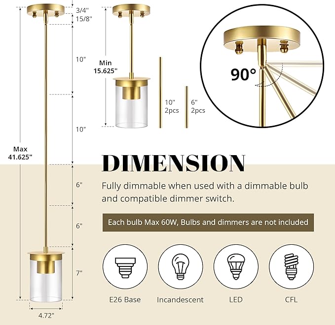Modern Pendant Light Glass Shade, Kitchen Island Pendant Lighting with Glass Shade for Dining Room,Bedroom, Bar,Office,Farmhouse Brushed Gold,1Pack-4.72 Inch Shade 40 Inch Cord