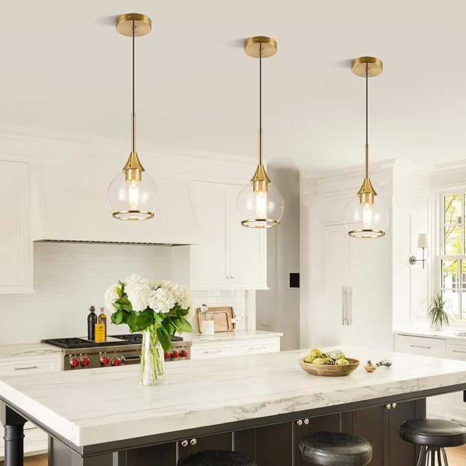 3 Pack Island Light for Kitchen, 1-Light Gold Kitchen Island Hanging Pendant Light, Brushed Gold Dining Room Light Fixture Over Table with Clear Round Glass Shades