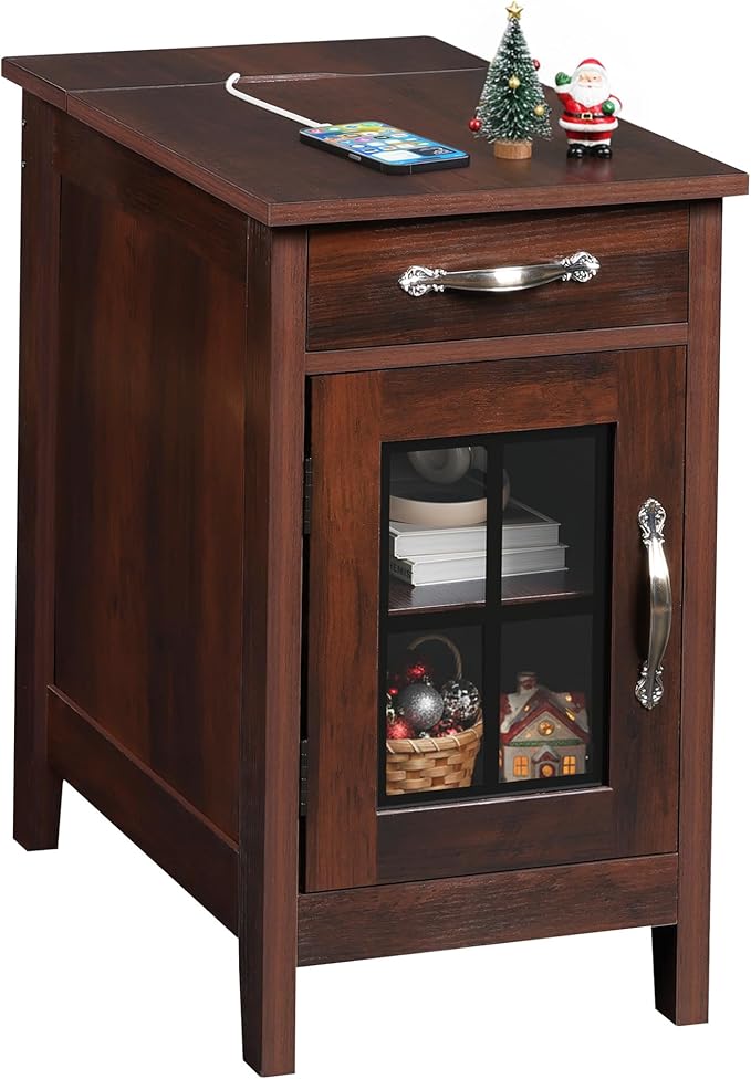 WLIVE End Table with Charging Station, Narrow Side Table for Living Room, Farmhouse Night Stand with Storage, Small Wooden Cabinet Nightstand with USB Ports and Outlets, 23.7" D x 13.78" W x 23.7" H