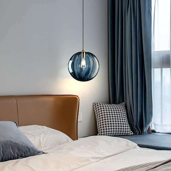 Modern Blue Glass Pendant Light, Kitchen Island Lighting Single Globe Pendant Light Fixtures Century Kitchen Island Pendant Lighting for Bedroom Living Dining Room Light Fixture （Without Bulb）