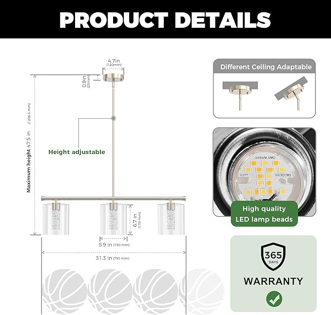 DORESshop 3-Light Chandelier for Dining Room Light Fixture Over Table, 31.3" Modern Brushed Nickel Chandelier with Glass Shades, Adjustable Hanging Pendant Lights Kitchen Island with Remote, 3CCT