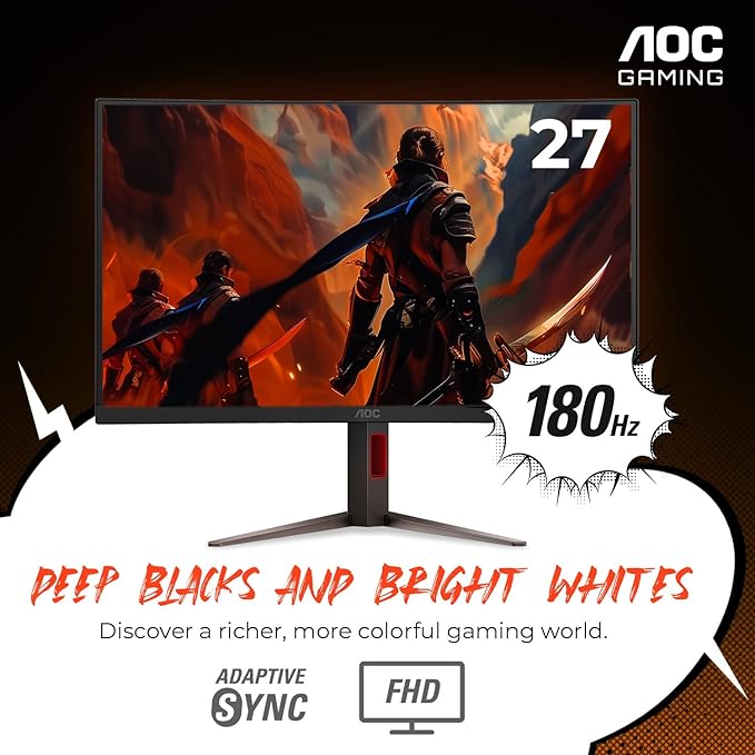 AOC C27G4H 27" Curved Gaming Monitor, FHD 1080p, 180Hz, Adaptive Sync, Height Adjustable, 3-Year Zero Dead Pixel Guarantee, Black, Xbox PS5 Switch Compatible