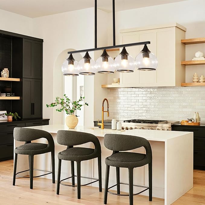 5 Light Round Linear Chandelier Black Modern Glass Hanging Light Minimalist Clear Kitchen Chandeliers Hight Adjustable for Dining Room Island Living Room (Black)