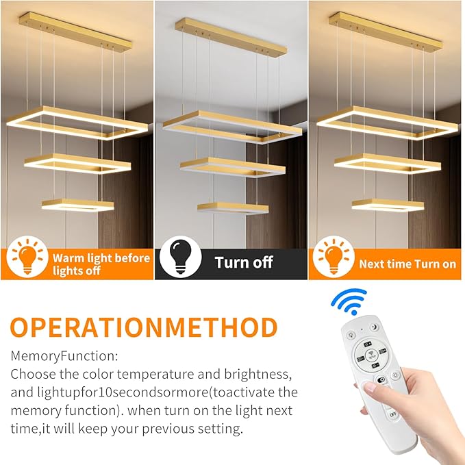 Modern Chandeliers for Living Dining Room, 3-Ring Rectangular LED Chandelier Light Fixture with Remote Control Dimming, Hanging Pendant Light with Adjustable Height, Gold