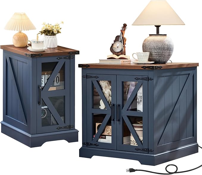 End Tables Living Room Set 2, 18'' Night Stand and 24" Square Side Table with Charger Station, Wood Furniture Sets, Nightstand Bedside End Table for Bedroom