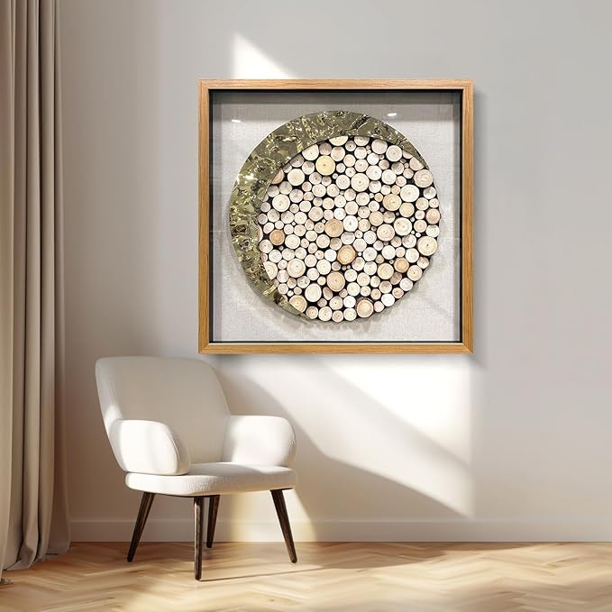 BrightA 3D Square Framed Nature Art - Gold Patina Metal Meets Circular Solid Wood Block Texture, Minimalist Contrast Wall Decor for Calming Spaces 31.5"x31.5"