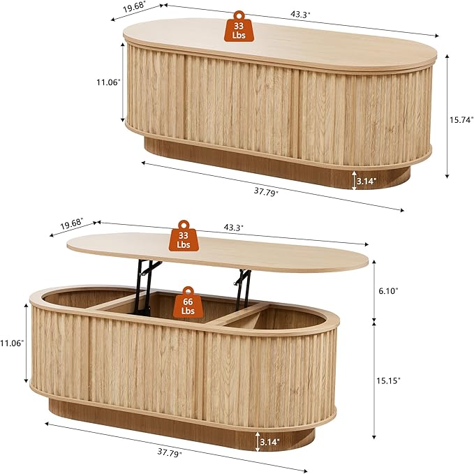 Oval Lift Top Coffee Table with Storage, 43.3”Mid Century Modern Center Table with Hidden Compartment, Fluted Wooden Lift Tabletop Dining Table for Living Room Apartment Home Office,Natural