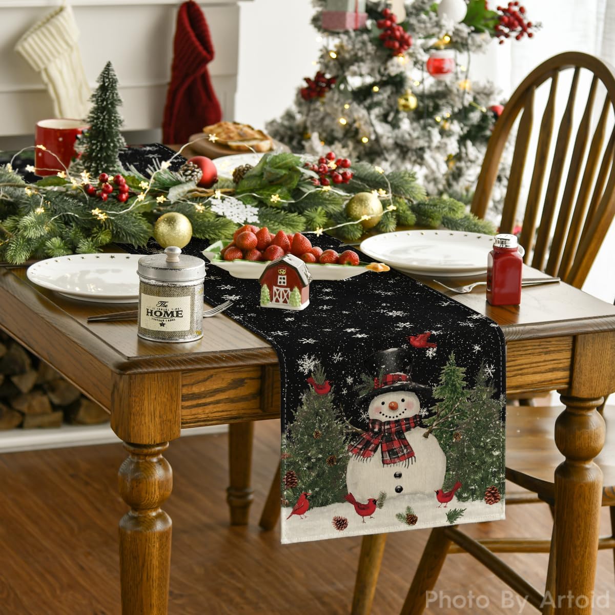Artoid Mode Snowman Birds Trees Christmas Table Runner, Seasonal Black Winter Holiday Kitchen Dining Table Decoration for Home Party Decor 13 x36 Inch
