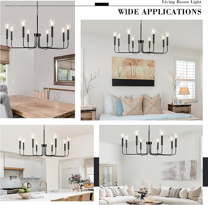 Farmhouse Candle Chandelier, 8 Light Rustic Black Ceiling Pendant Light Fixture, L-Arm Design Industrial Dining Room Hanging Lighting for Living Room, Entryway, Foyer, Kitchen Island