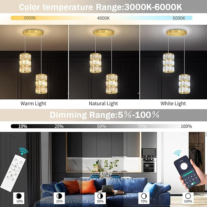 2-Lights Modern Crystal Pendant Lights for Kitchen Island LED Dimmable Glam Pendant Lighting Chandelier for Dining Room Hallway Corner Lamp Gold
