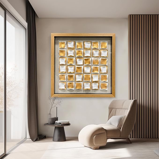 BrightA Gold and White Geometric Wall Sculpture Reflective 3D Textured Panels Brushed Metal Texture with Wave Modern Framed Abstract Art for Bedroom Office Decor 23.6"x23.6"