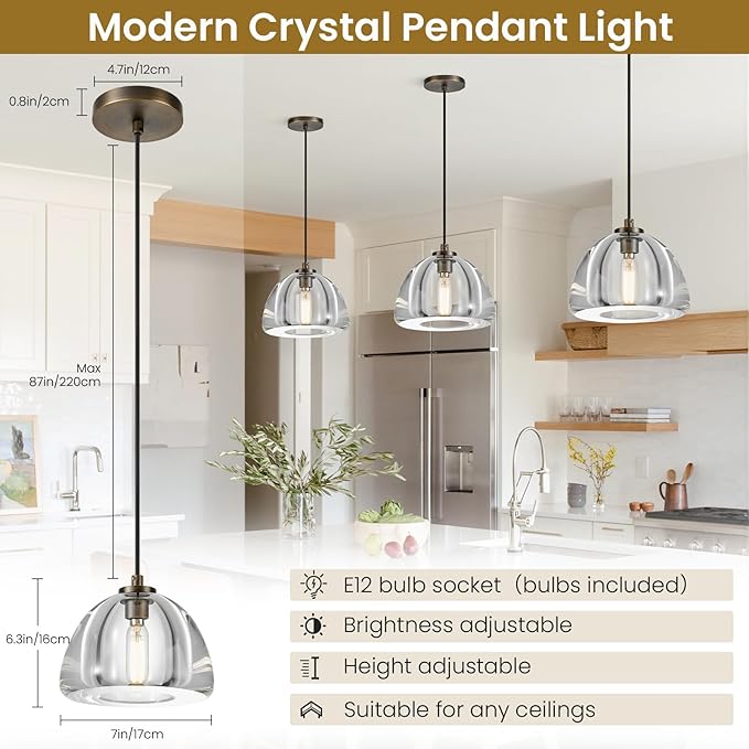 Crystal Pendant Light Kitchen Island: Set of 2 Vintage Brass Hanging Lights above Dining Table - 7" K9 Crystals Lighting over Kitchen Sink - Luxury Cylinder Pendants Light Fixtures Bulbs Included