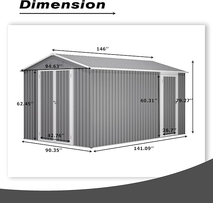 8x12 FT Metal Outdoor Storage Shed with Adjustable Side Door & Lockable Double Doors, Aluminum Frame, Weatherproof Tool Shed with Floor Frame for Garden, Backyard & Equipment Storage