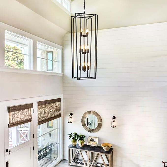 12-Light Tiered Lantern Pendant Light Fixtures,Large Foyer Chandeliers for High Ceilings,Industrial Foyer Lighting Fixtures,Long Chandeliers for High Ceilings,Farmhouse Chandelier for Entryway, Black