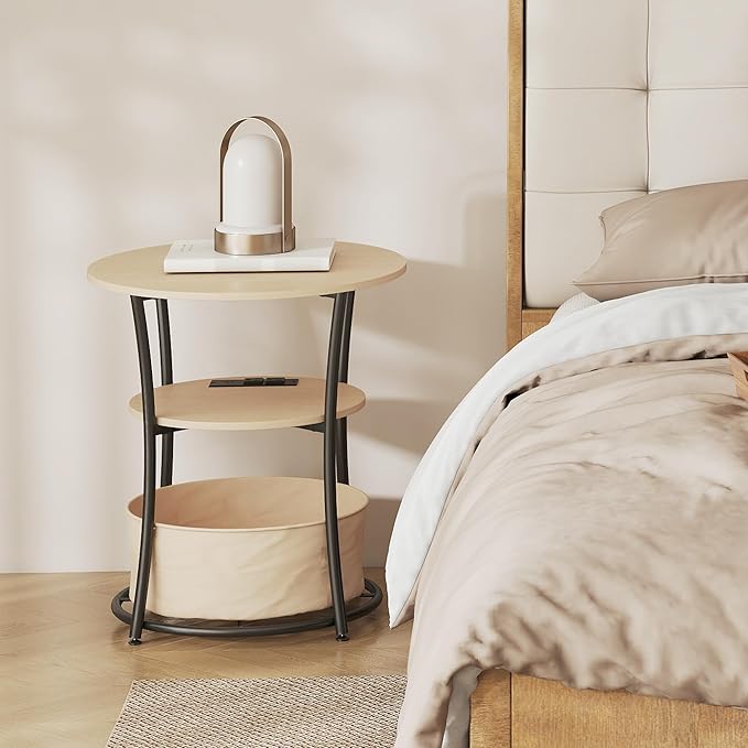 HOMCOM Round Side Table with Charging Station, 3-Tier End Table with Fabric Storage Bag, Shelf and Steel Frame for Living Room, Natural Wood