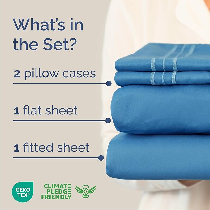 Cal King Size 4 Piece Sheet Set - Comfy Breathable & Cooling Bed Sheets Set - Hotel Luxury Bedding for Women, Men, Kids, Teens, Boys & Girls - Deep Pockets, Soft, Wrinkle Free - Oeko-Tex - Denim Blue